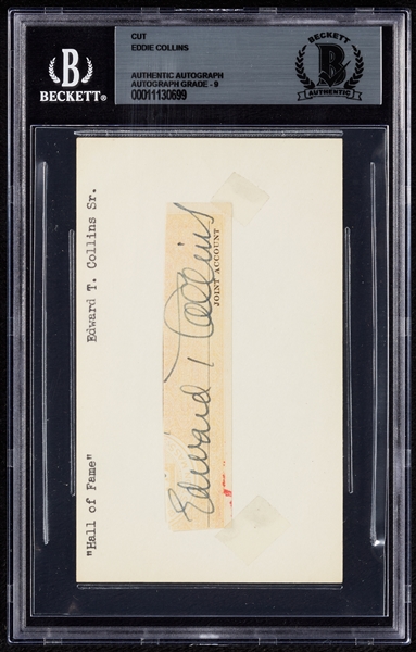 Eddie Collins Cut Signature from Check on 3x5 Index Card (Graded BAS 9)