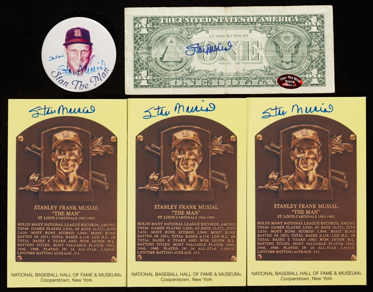 Stan Musial Signed Yellow HOF Plaque, Pin, Dollar Bill (5)