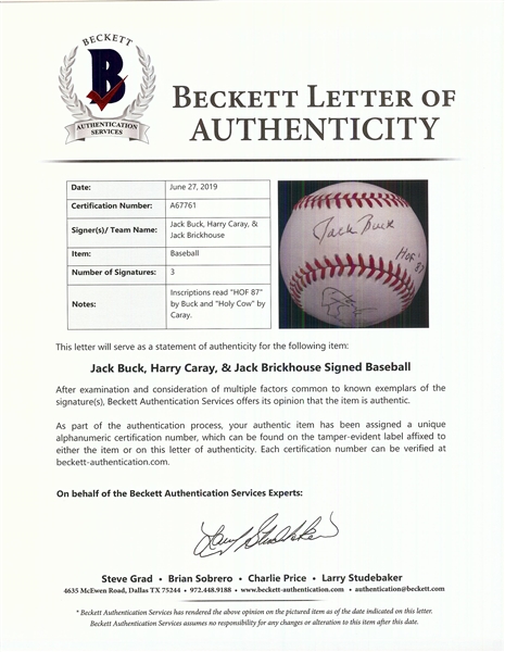 Harry Caray, Jack Buck & Jack Brickhouse Signed Baseball (3) (BAS)