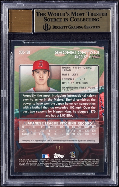 2018 Stadium Club Chrome Shohei Ohtani Autographs Superfractors (1/1) BGS 9.5 (AUTO 10)