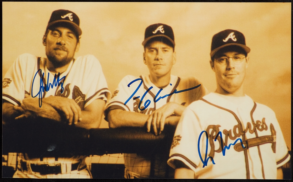 John Smoltz, Tom Glavine & Greg Maddux Signed 8.5x14 Photo (BAS)