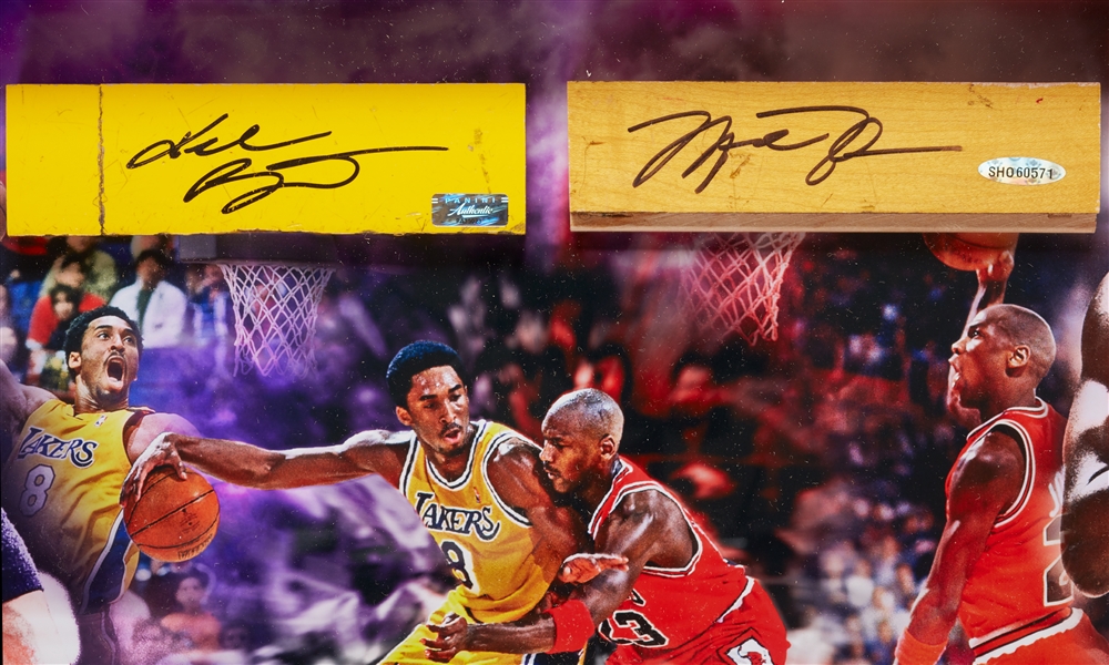 Michael Jordan & Kobe Bryant Signed Staples Center Floor Pieces In Shadowbox (Panini) (UDA)