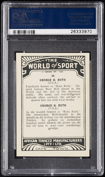 1939 African Tobacco Babe Ruth World of Sport Large No. 34 PSA 6