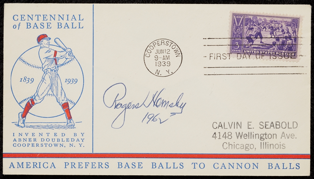 Rogers Hornsby Signed 1939 Centennial FDC (Graded BAS 10)