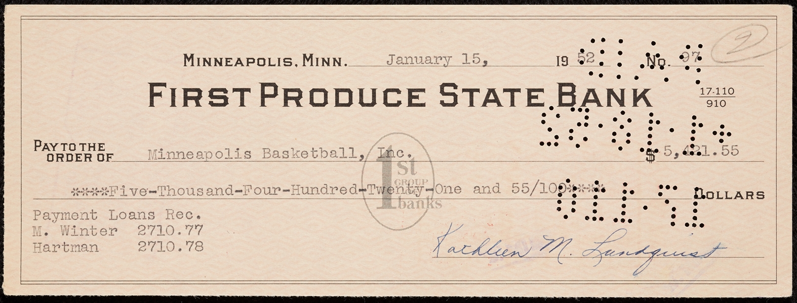 Minneapolis Basketball Club (Lakers) Endorsed Check (1952)