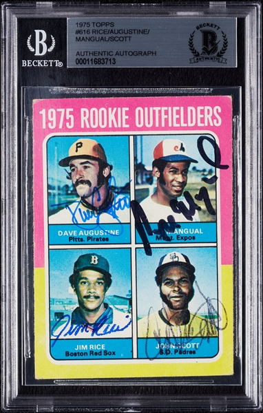 Jim Rice Signed 1975 Topps RC No. 616 (Complete Signed - Augustine, Mangual, Scott) (BAS)