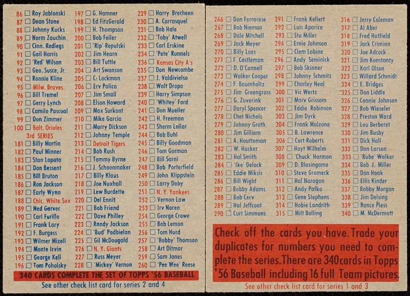 1956 Topps Baseball Checklist Pair (2)