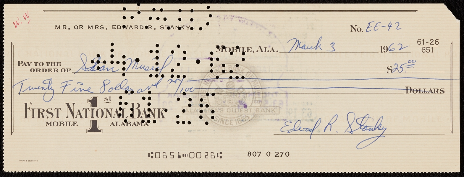 Ed Stanky Signed & Stan Musial Endorsed Bank Check (1962)