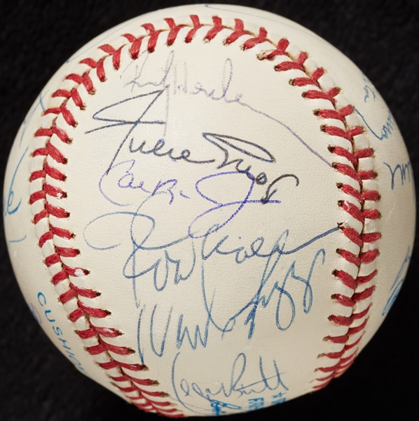 3000 Hit Club Multi-Signed OAL Baseball with Hank Aaron & Willie Mays (16) (PSA/DNA)