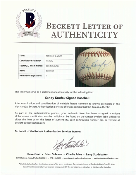 Sandy Koufax Single-Signed ONL Baseball (BAS)