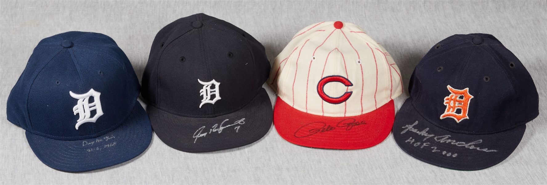 Sparky Anderson, Ivan Rodriguez, Pete Rose & Denny McLain Signed Caps (4)
