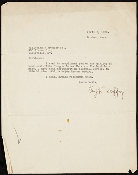 Hugh Duffy Signed Typed Letter to Louisville Slugger (1926) (BAS)