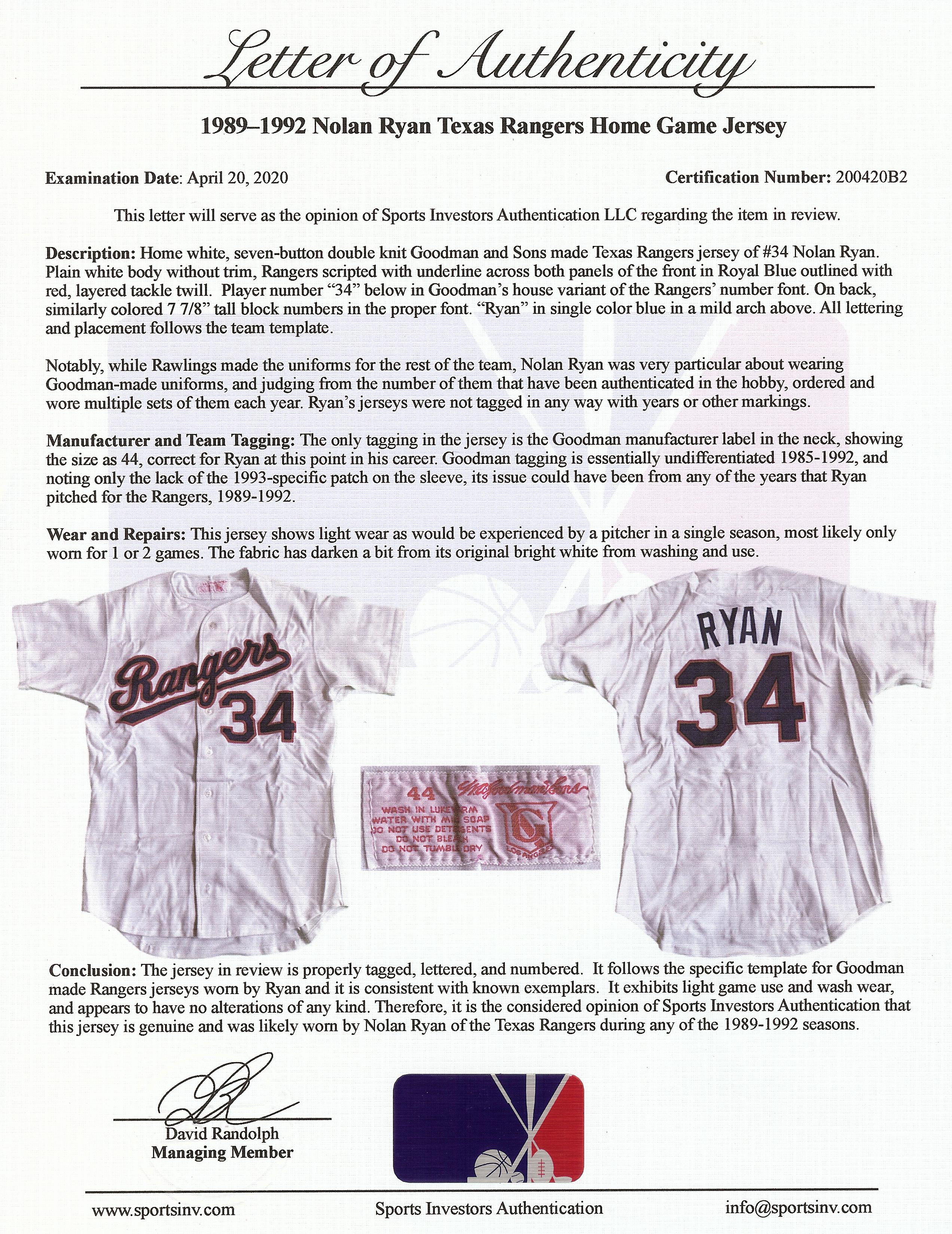Lot Detail - Nolan Ryan 1989-1992 Game-Used Texas Rangers Jersey (Sports  Investors Authentication LOA)