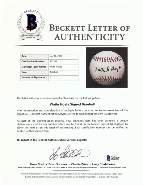 Waite Hoyt Single-Signed Baseball (PSA/DNA) (BAS)