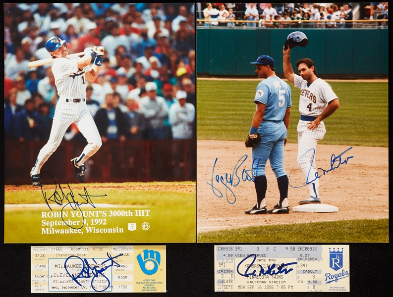 Robin Yount & Paul Molitor Signed 3000th Hit Ticket with 8x10 Photos (with Brett) (4)