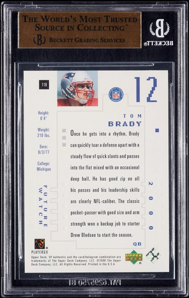 2000 SP Authentic Tom Brady RC No. 118 (801/1250) BGS 9.5