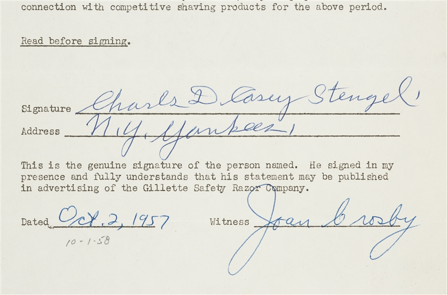 Casey Stengel Signed 1950s Gillette Endorsement Contract (BAS)
