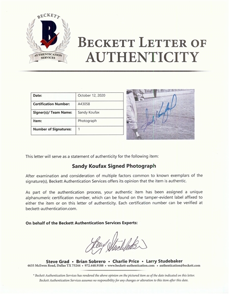 Sandy Koufax Signed Oversized Original Photo (BAS)