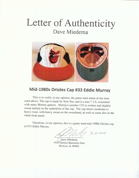 Eddie Murray Baltimore Orioles Game-Used Cap