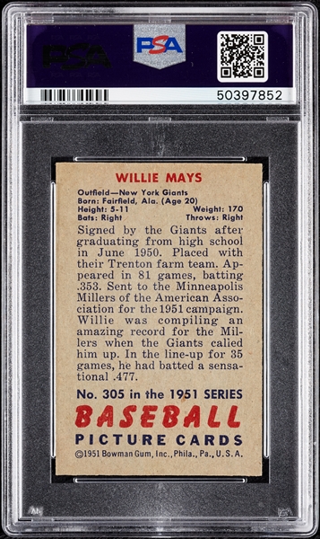 1951 Bowman Willie Mays RC No. 305 PSA 6