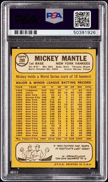1968 Topps Mickey Mantle No. 280 PSA 4.5