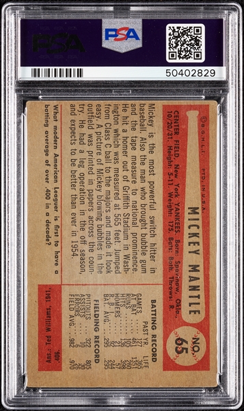 1954 Bowman Mickey Mantle No. 65 PSA 3