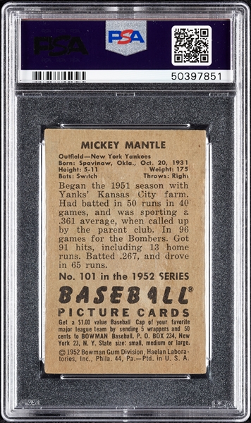 1952 Bowman Mickey Mantle No. 101 PSA 2