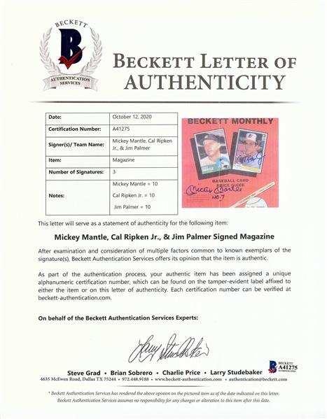Mickey Mantle, Ripken Jr. & Palmer Signed Beckett Baseball Issue No. 1 Inscribed No. 7 (Graded BAS 10)