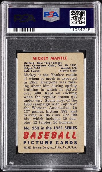 1951 Bowman Mickey Mantle RC No. 253 PSA 2