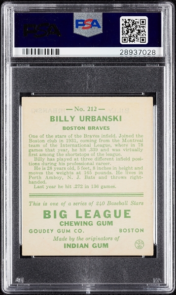1933 Goudey Billy Urbanski No. 212 PSA 5