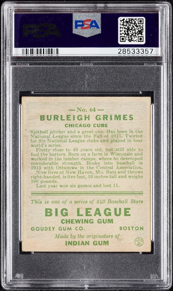 1933 Goudey Burleigh Grimes No. 64 PSA 5