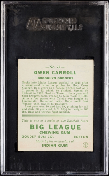 1933 Goudey Owen Carroll No. 72 SGC 5
