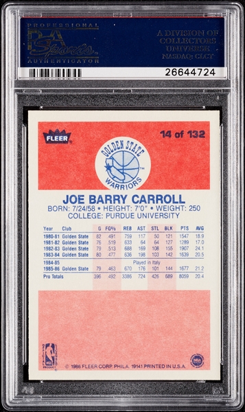 1986 Fleer Joe Barry Carroll No. 14 PSA 10