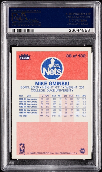 1986 Fleer Mike Gminski No. 38 PSA 10