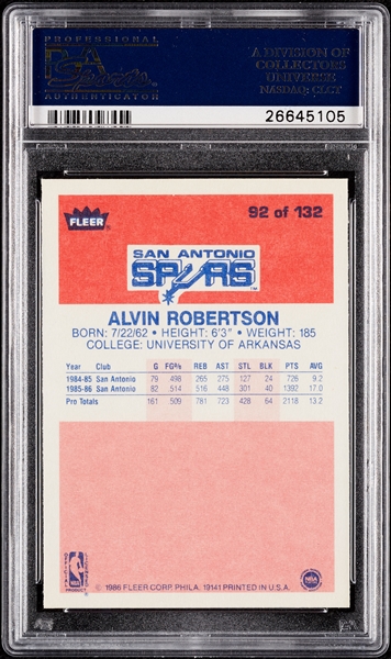 1986 Fleer Alvin Robertson No. 92 PSA 10