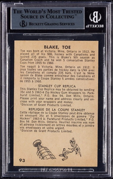 Toe Blake Signed 1963-54 Parkhurst No. 93 (BAS)
