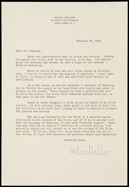 Helen Keller Signed Typed Letter (1943) (BAS)
