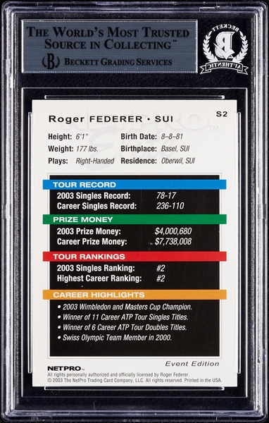 Roger Federer Signed 2003 Net Pro No. S2 (BAS)