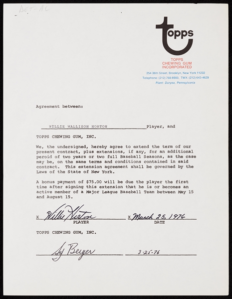 Willie Horton 1976 Topps Baseball Card Agreement with Sy Berger (1976) (BAS)