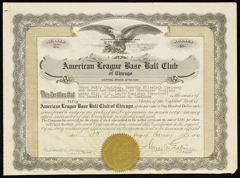 Harry Grabiner and Grace Comiskey Signed Chicago White Sox Stock Certificate (1941)