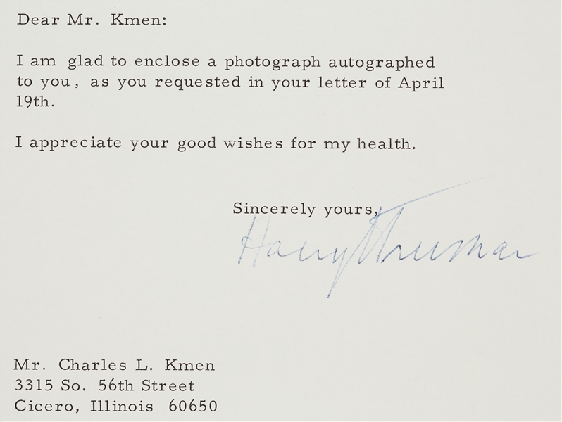 Harry Truman Signed Typed Letter (1967)