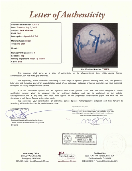 Jack Nicklaus Signed Wilson Golf Ball (JSA)