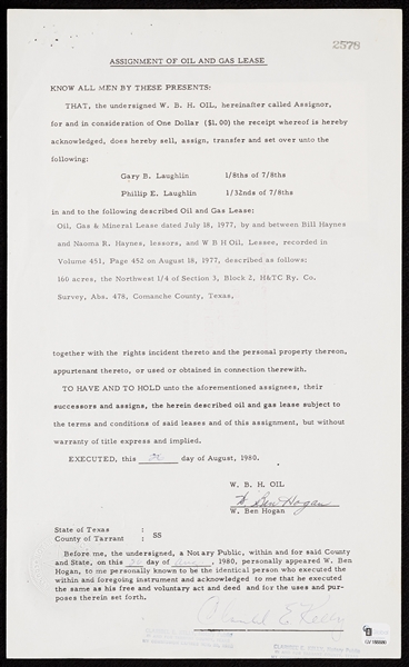Ben Hogan Signed Legal Contract for Oil Lease (1980) (PSA/DNA)