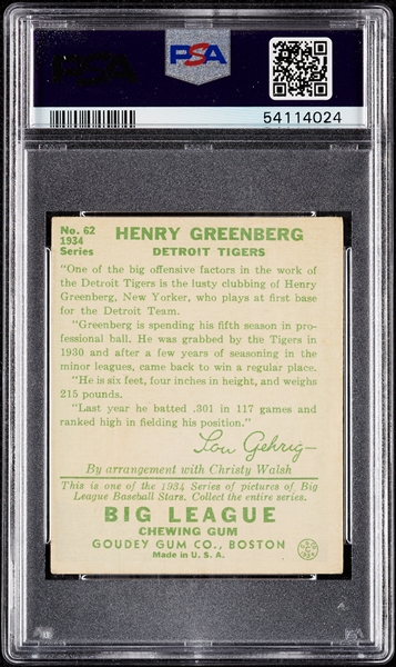 1934 Goudey Hank Greenberg No. 62 PSA 3