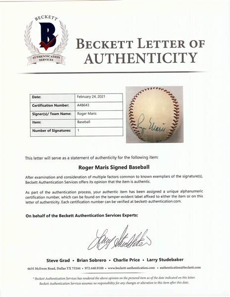 Roger Maris Single-Signed OAL Baseball (BAS)