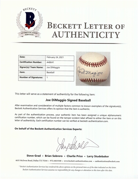 Joe DiMaggio Single-Signed OAL Baseball (BAS)