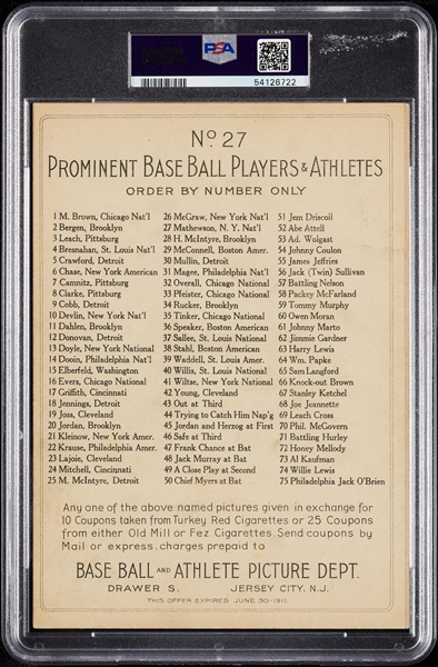 1911 Turkey Red Cabinets T3 Christy Mathewson Checklist Back PSA Authentic