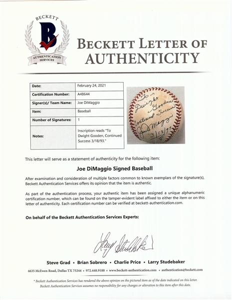 Joe DiMaggio Single-Signed OAL Baseball with Unique Inscription (BAS)