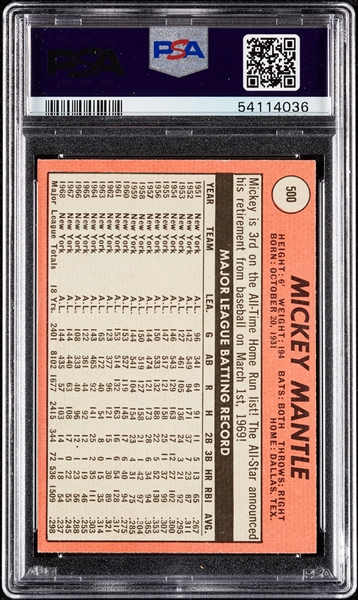 1969 Topps Mickey Mantle Last Name in Yellow No. 500 PSA 7