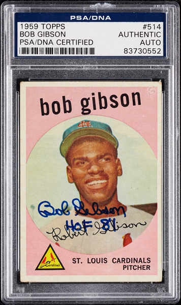 Bob Gibson Signed 1959 Topps RC No. 514 (PSA/DNA)
